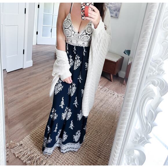 Chasing the Clouds boho goddess crochet top babydoll Flowy maxi dress M - Picture 1 of 11